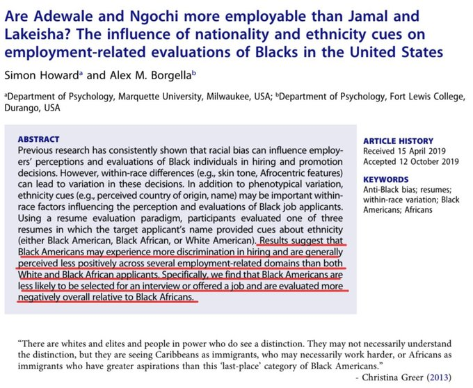 _maximumpink's tweet photo. @SummerForPA. Please take a closer look at the data. It's wrong to say we're the same. Stereotypes of black immigrants are much less negative than those of Black Americans. Ppl *can* tell the difference. They are preferred in hiring, education, etc. Tons of data on this. 

You're from Braddock, no? I'm from the Valley too. We know the deal. We can look at the position of African immigrants vs the Black American people we grew up with who worked in the Steel Mills that are now shuttered. Immigrants who just got here largely in the 2000s know nothing of this. No research needed. 

Tons of data though. There are vastly different outcomes for black immigrant groups compared to American Descendents of Slavery in nearly every area.  We need specific legalization that addresses the cost of American oppression that uniquely impacts us. I hope you reconsider. 

“Specifically, we find that Black Americans are less likely to be selected for an interview or offered a job and are evaluated more negatively overall relative to Black Africans”