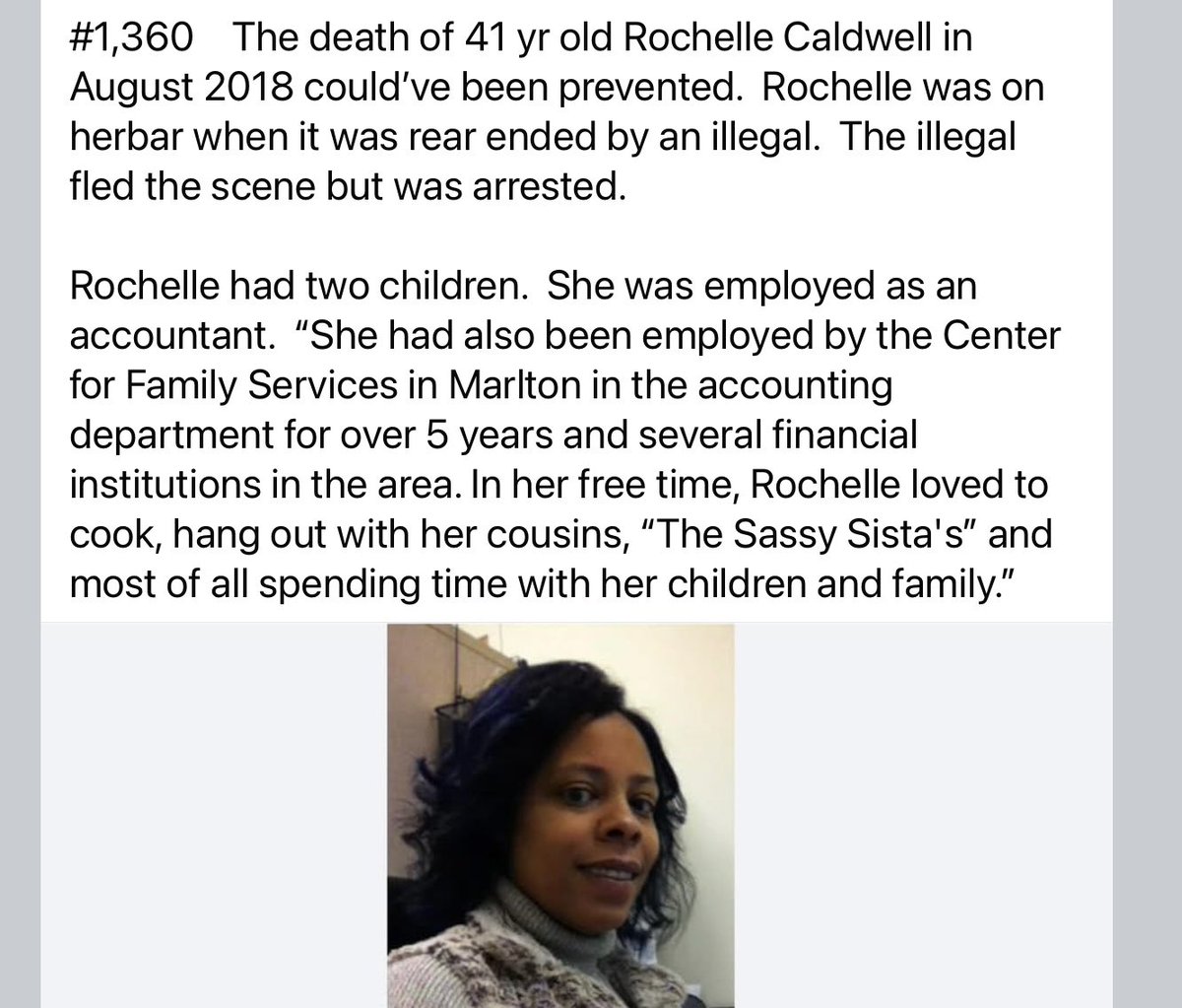 howmanyare2many's tweet photo. HOW MANY ARE TOO MANY?

Did you ever hear about Rochelle’s preventable death?  Of course not, that’s why I do this.

Now at 1,361 preventable deaths and counting with no end in sight.

Please repost so Rochelle isn’t forgotten and inform the uninformed people of her preventable death.

I’m not selling anything, not writing a book, not making a documentary, etc.  There’s nothing in this for me.  I see what’s happening to our country and I’m trying to do something about it.  

I post a photo of the victim so you can see that these preventable deaths happened to real people, to real children & families that had their lives taken from them by someone illegally in our country.

@RepMarkHarrisNC  @KatieZacharia  @RepBrandonGill @clmuseum  @JordanBrace8 @leslibless  @PatriotGal480 @poconomtngirl   @browngravy_93  @GeorgeEliseo  @greyman7107  @ZeroDarkKitty