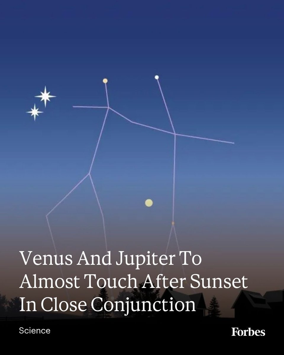 Forbes's tweet photo. The two brightest planets in the night sky are appearing to inch toward each other ahead of a close conjunction on Tuesday, June 9. On that date, Venus and Jupiter will appear in the post-sunset sky less than the width of a thumb held at arm’s length, according to Sky & Telescope.
Read more: https://t.co/PhLLscJFEa
Photo: Sky and Telescope