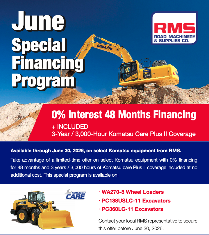 RMSequipment's tweet photo. Act now and get 0% interest for 48 months PLUS three-year/3,000 hour Komatsu Care Plus II coverage on select new Komatsu equipment. Offer available now through June 30!

https://t.co/3CJrx9NlHh https://t.co/aMn6MErdIm