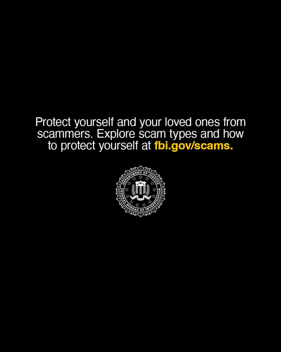 FBISanDiego's tweet photo. 🚨Did you receive a message from the FBI?🚨
The FBI will NEVER call or email private citizens to request they move money via wire transfer, cryptocurrency, gift cards, or prepaid cards. You can always reach out to your local field office (FBI San Diego: 858-320-1800) to confirm whether or not an email or message is actually from the FBI. And if you think you're the victim of a scam, report it to https://t.co/p20i0ULIZx and local law enforcement.  
Learn more about the most common scams and how to protect yourself and your loved ones: https://t.co/ihRAzPVis0