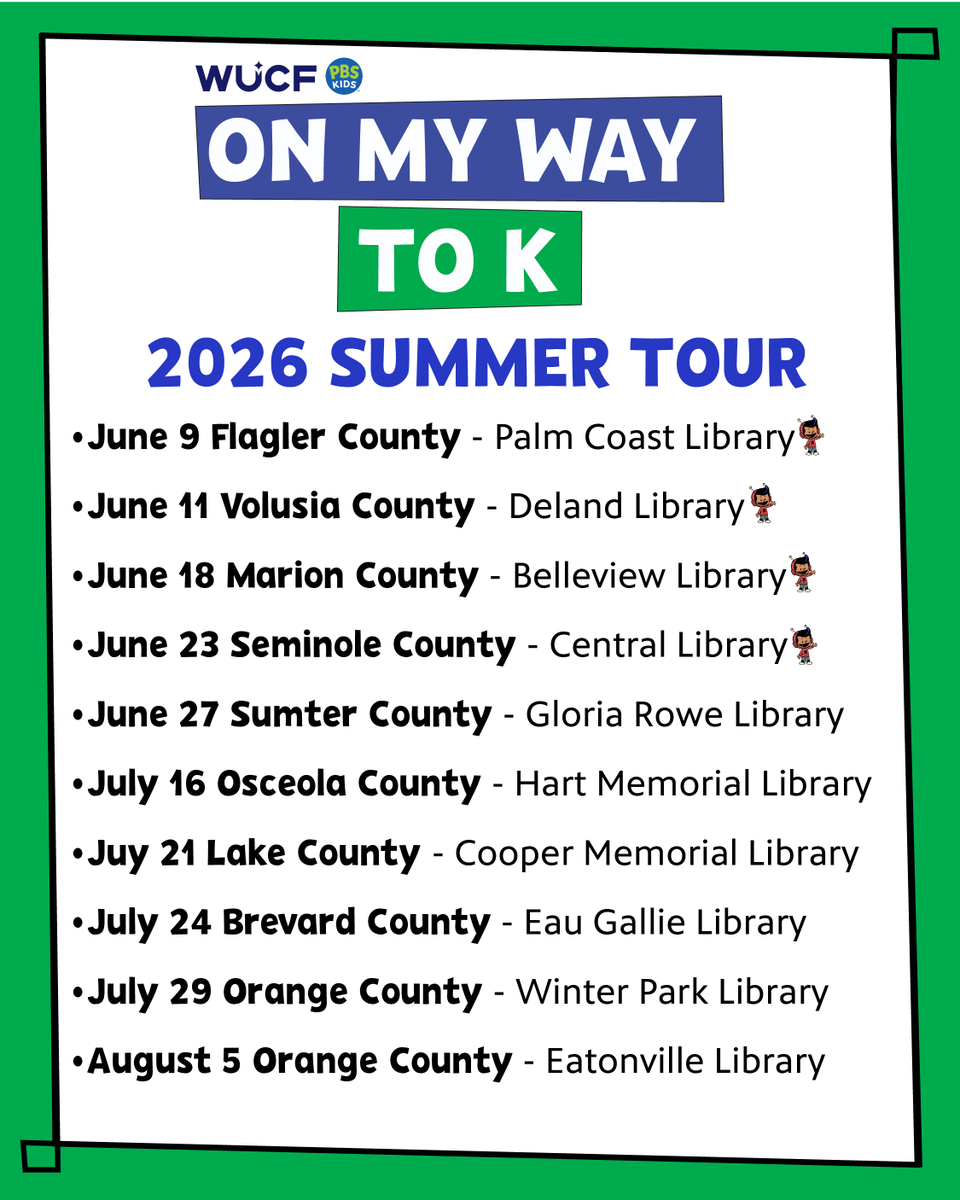WUCF_PBS_Jazz's tweet photo. 🎉 On My Way to K is back!

Our 2026 Summer Tour is making more stops than ever before, bringing free family fun to communities across Central Florida. And for the first time, select events will include special meet-and-greets with PBS KIDS favorite Xavier Riddle! 

June 9 — Flagler County — Palm Coast Library
June 11 — Volusia County — DeLand Library
June 18 — Marion County — Belleview Library
June 23 — Seminole County — Central Library
June 27 — Sumter County — Gloria Rowe Library
July 16 — Osceola County — Hart Memorial Library
July 21 — Lake County — Cooper Memorial Library
July 24 — Brevard County — Eau Gallie Library
July 29 — Orange County — Winter Park Library
August 5 — Orange County — Eatonville Library

These events are free, but space is limited. Reserve your spot today by RSVPing through Eventbrite and let us know you'll be joining us. ➡️ https://t.co/z3Plq63tcQ