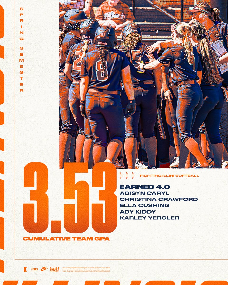 IlliniSB's tweet photo. A strong spring semester is officially wrapped!

Congratulations to our five athletes who earned a perfect 4.0 GPA👏 https://t.co/y0ULUDDaOL