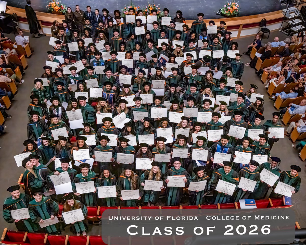 UFMedicine's tweet photo. On May 16, 147 members of the #GatorMD Class of 2026 crossed the graduation stage and officially earned the right to put M.D. after their names. Congrats to all the new doctors and to the friends, family and mentors who supported them along the way! https://t.co/cXK1D2bODX ππ https://t.co/A3Ky33Q2oW