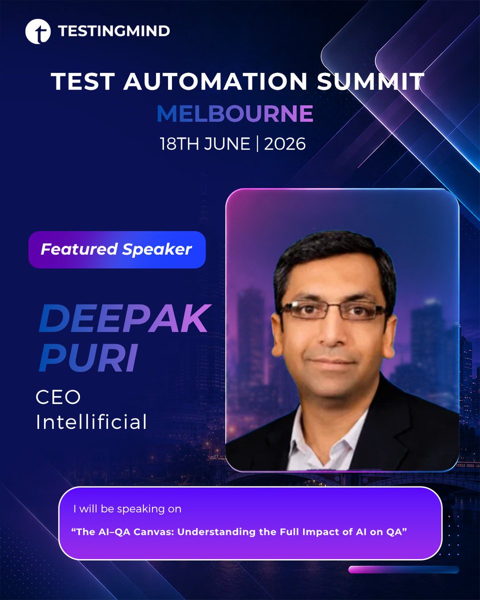 testingmindcon's tweet photo. AI is changing quality assurance, but do you understand its full impact?

Join Deepak Puri at #TASMelbourne on 18 June 2026 to explore how AI is reshaping QA, influencing the way teams work, and redefining the future of software quality.

Register now: https://t.co/5oIiuhvrDD https://t.co/4CJEEJvevs