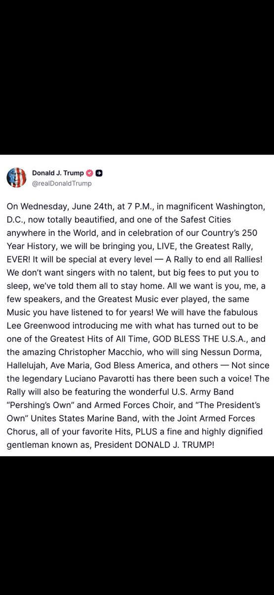 james_news's tweet photo. President Trump is teasing a massive rally in Washington, D.C. — and he's setting expectations sky-high.

Calling the nation's capital "totally beautified," Trump announced plans for what he described as "the Greatest Rally EVER" in celebration of America's 250 years of history. https://t.co/HpMQmX6jsx