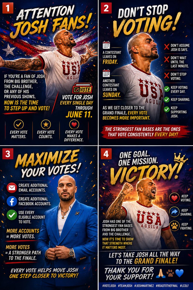 LctosadoLou's tweet photo. We are entering the FINAL STRETCH of the competition, and every vote matters more than ever.

🗳️ Vote for Josh EVERY SINGLE DAY through June 11. @TheBigBroTea @SunandMoon54188 @JoshMartinez444 @TLMDRealities @LaJefaTLMD 

#BigBrotherUsa
#TheChallenge #BigBrotherUSA https://t.co/WEheeIpTAu