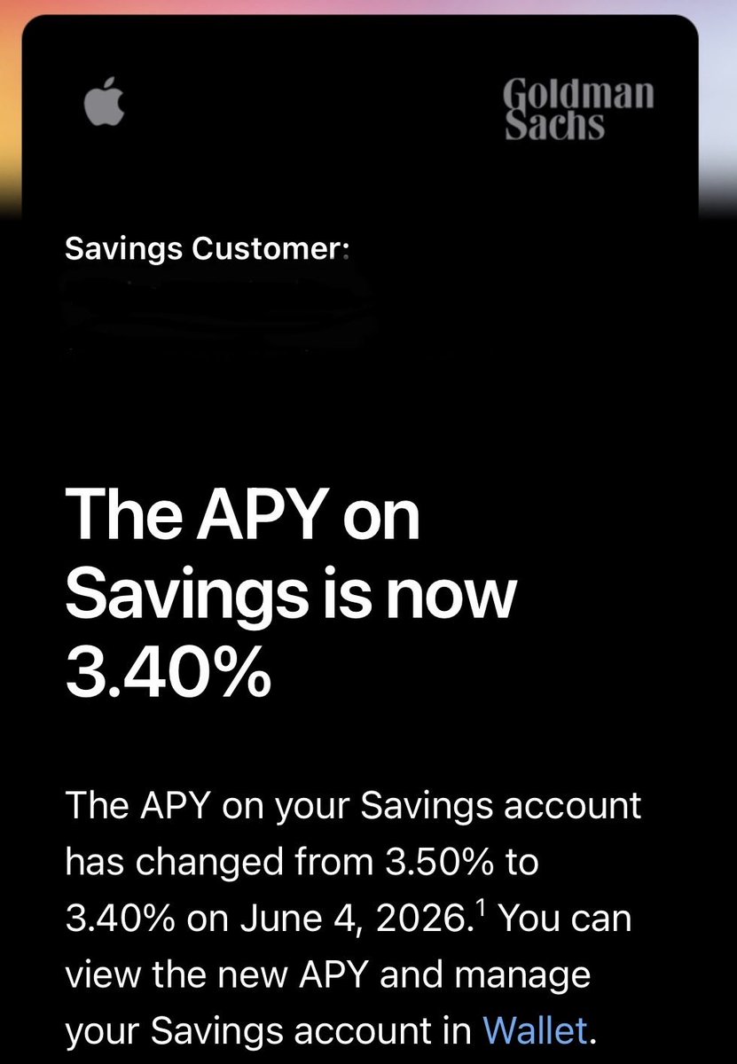 wasimcard's tweet photo. Apple Saving is a scam.. bait and switch
3.40% 
@XMoney where’s your high yield savings product!? https://t.co/wkYXmDAMA7