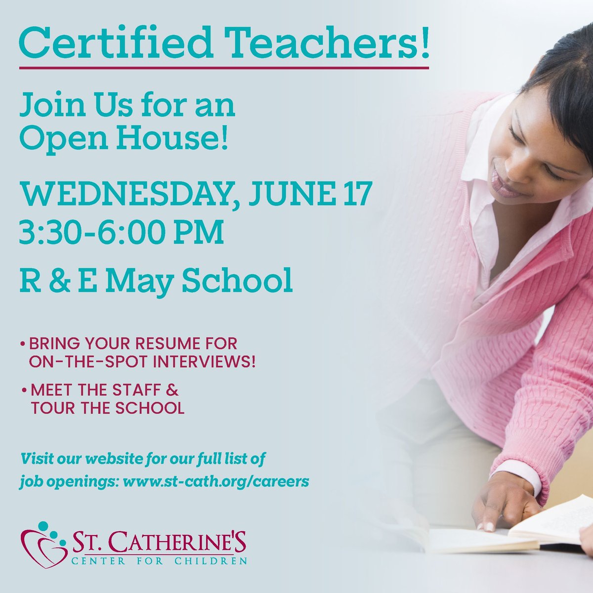 StCathCenter's tweet photo. We will be hosting an open house at our R & E May School, 30 N. Main Ave., Albany. Teachers, TAs, school support staff - come visit our school! Take a tour, meet our principal and some of our staff, apply for one of our open positions. For more information call: 518-453-6700 x6717.