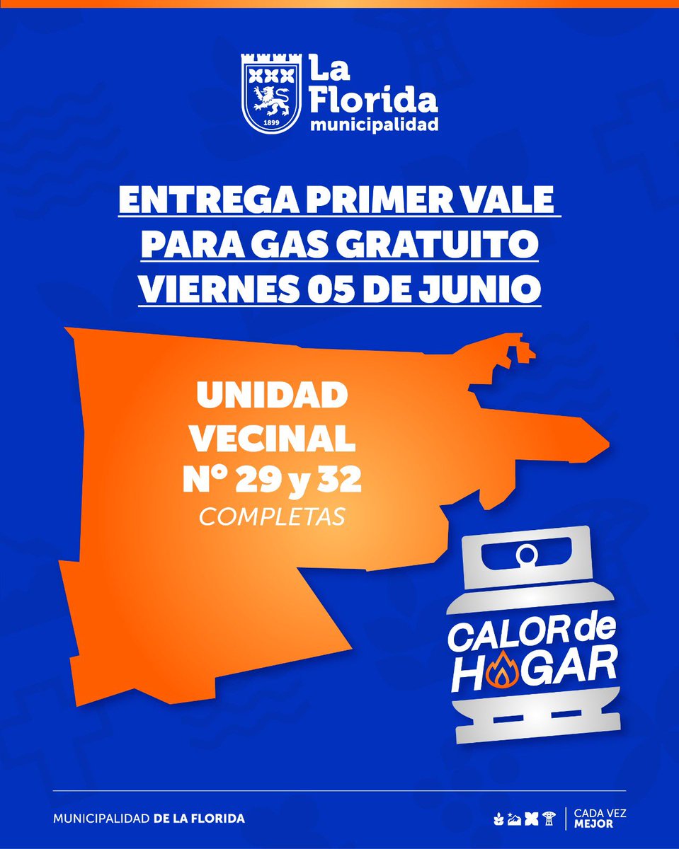 MuniLaFlorida's tweet photo. En La Florida sabemos lo que es el #CalorDeHogar ❤️‍🔥

Este viernes 5 de junio seguiremos repartiendo el primer vale en las Unidades Vecinales 29 y 32 (completas).

👉🏼 Recuerda que puedes revisar los mapas en mejor calidad en https://t.co/QST6229hZd 

#CadaVezMejor 💚 https://t.co/wIeVvp1FS3