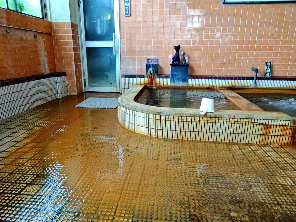 ELEFAN06's tweet photo. 鹿児島市の「坂元温泉」。公衆浴場は2階にある。浴槽は3つに分かれており､左側は源泉浴槽で45℃。中央は気泡風呂で41℃。右側は水風呂。薄淡茶褐色微濁で弱土類味がある。奥の扉の中は源泉ミストサウナ。源泉かけ流しで湯気充満。扉の下から出てくる湯が超熱い😆。床に付着した析出物もイイ感じ。 https://t.co/wwPmD18sJz