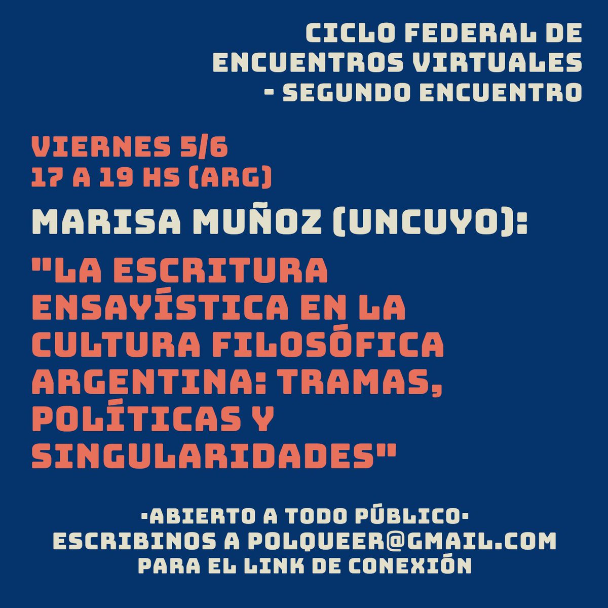 polqueer's tweet photo. 📆 Seguimos con nuestro ciclo virtual "La filosofía en cuestión. Miradas críticas desde el Sur" 📆

Este viernes nos acompañará la Dra. Marisa Muñoz de @UNCUYO , con el trabajo "La escritura ensayística en la cultura filosófica argentina: tramas, políticas y singularidades"
👇 https://t.co/Zgy7f8aGZJ