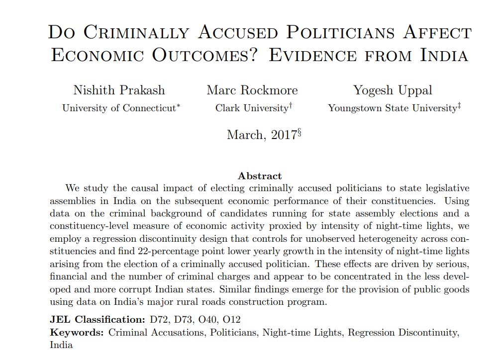captgouda24's tweet photo. Did you know that 46% of the Lok Sabha currently has ongoing criminal proceedings against them? Some of this is just politics, but in places like Bihar it's because they elect actual factual mob bosses. This turn out to be bad for economic outcomes! 1/ https://t.co/ogbIwpB3UK