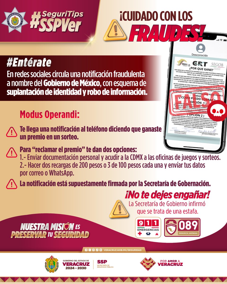 SP_Veracruz's tweet photo. #SeguriTipsSSPVer 🚨 ¡No caigas en fraudes! ✋🏻📱Si recibes mensajes donde te informan que ganaste un premio y te piden dinero o datos personales para reclamarlo, desconfía.

Verifica siempre la información en fuentes oficiales y protege tus datos. 📱🔒 https://t.co/88o8eokHoX