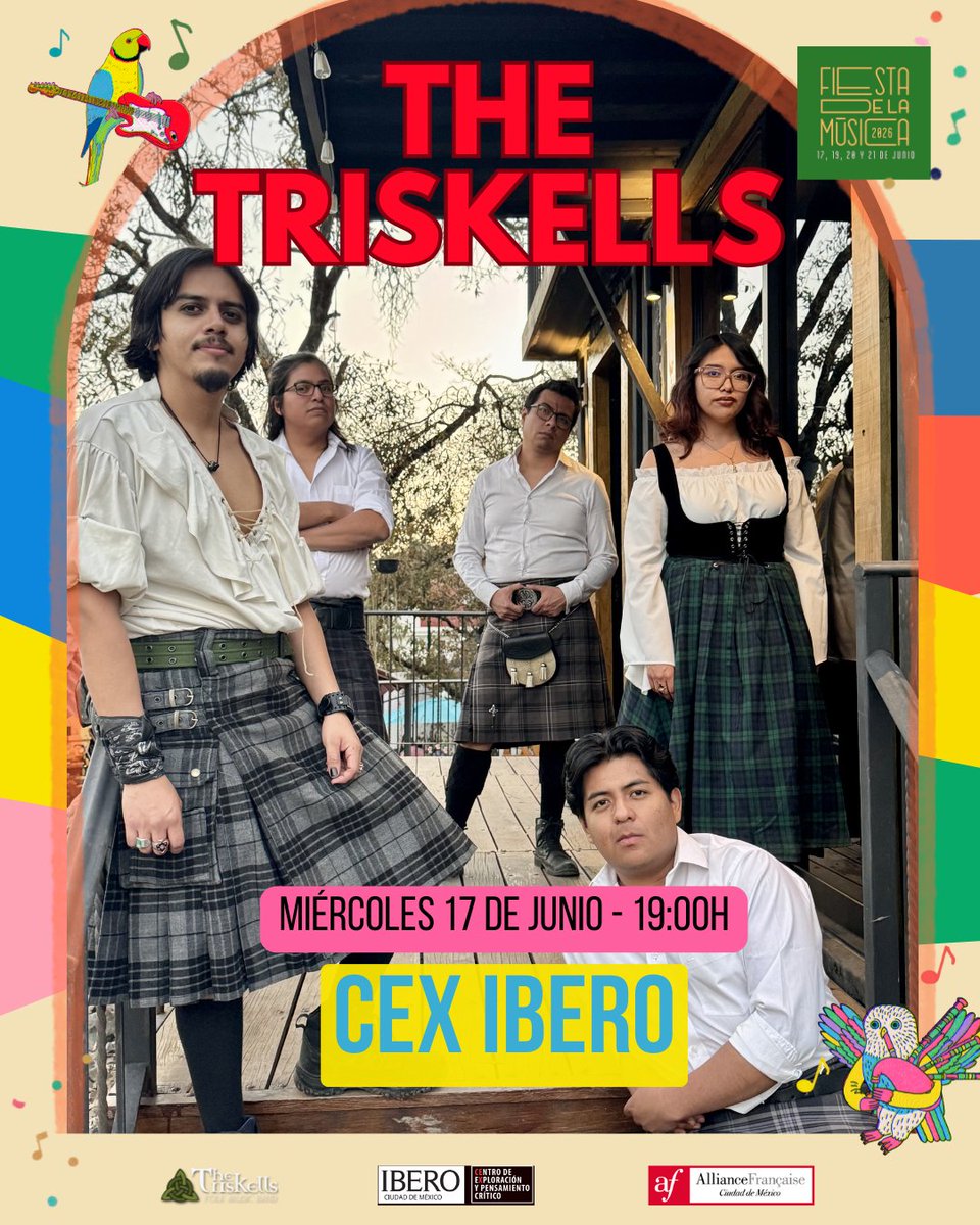 AFMexico's tweet photo. 🎵 The Triskells abren nuestra Fiesta de la Música 2026.
Folk celta. Instrumentos tradicionales. 15 años de historia.

🗓 Miércoles 17 junio | 19:00 hrs
📍 CEX Ibero
🎟 Entrada libre (registro previo) 👇
https://t.co/iYrSs9wAqq

#TheTriskells #FiestaDeLaMúsica #FolkCelta https://t.co/87HbUrfNAv