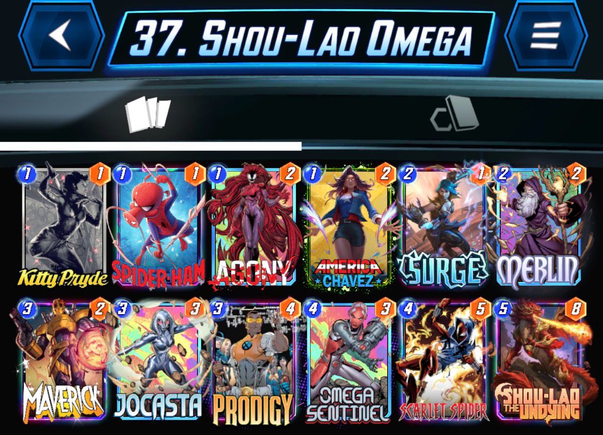 MarvelDizor's tweet photo. X-Men: Origins of Apocalypse – March 2026

37th time Infinite.

I ran a Shou-Lao &amp; Scarlet Spider deck, giving it another shot with Omega Sentinel as another win condition.

Leaving the video of my last battle.

Also got the Cyclops variant.

#MarvelSnap #MarvelSnapInfinite https://t.co/sci5Cp7ftI