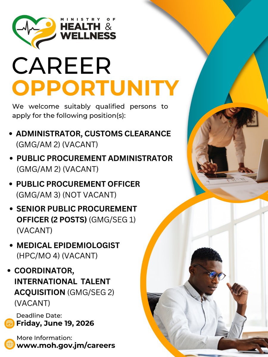 themohwgovjm's tweet photo. Looking for your next professional opportunity?

The Ministry of Health & Wellness is seeking qualified individuals to fill several positions in procurement, administration, epidemiology, and talent acquisition.

📅 Deadline: Friday, June 19, 2026

Learn more and apply at:
🌐 https://t.co/HYgNj3b9BZ

 #CareerOpportunity #MOHWJamaica