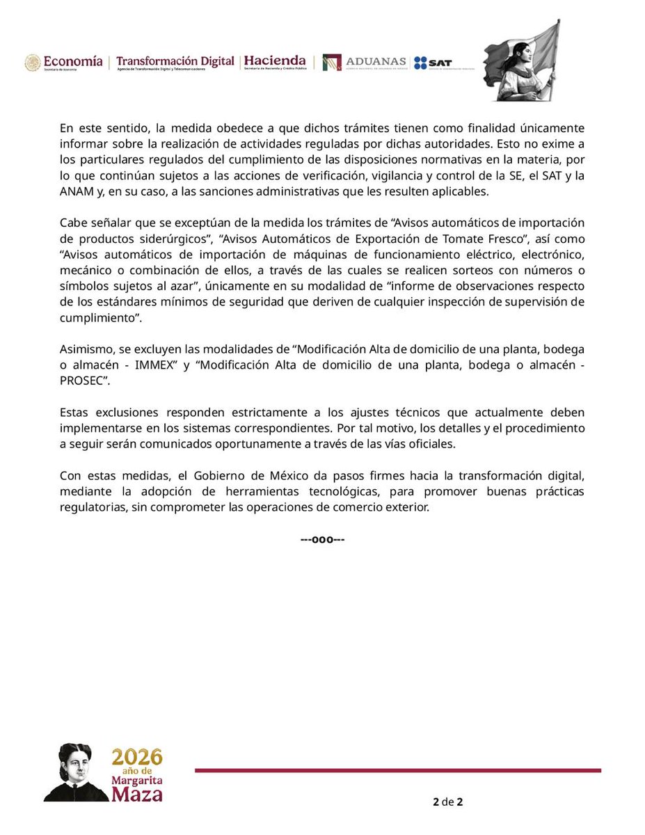 SE_mx's tweet photo. #ComunicadoEconomía - @AgenciaGobMX @Hacienda_Mexico @AduanasMx @SATMX 🗞

Secretaría de Economía, SAT y Aduanas eliminan dictaminación de avisos en comercio exterior para agilizar trámites

🔗https://t.co/CgJ8300tYb https://t.co/4y8P08C5kM