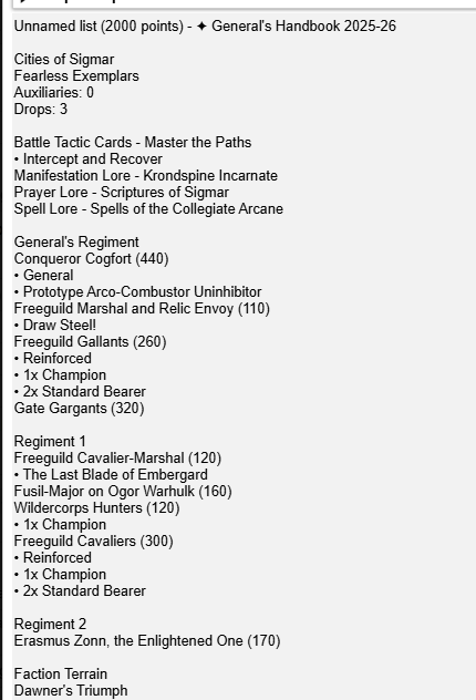 UnitLowland's tweet photo. Man, way harder to list build with the new stuff than I thought it would be. 

Not many models on the board with this list but at least its not a unhealthy list; there's a lot of wounds with high saves on the board here, I just may struggle in screening and board coverage. https://t.co/dAYC6mvPYr