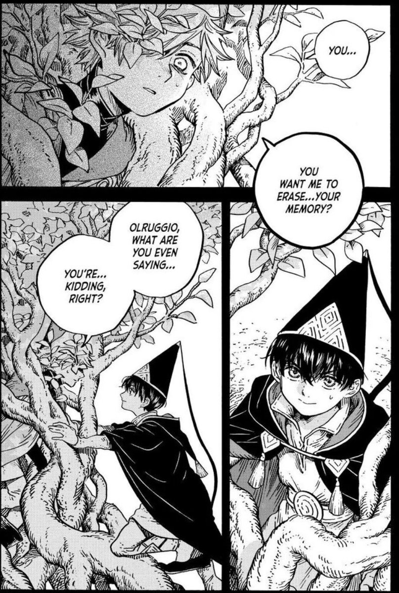 brainiac1232's tweet photo. A Witch Hat Atelier theory for Pride Month. Olruggio may have his memory erased about the silver wood taking over Qifrey, but unconsciously he has been inventing new forms of fire magic to find a flame that can burn the silver wood inside Qifrey to save him. #whaspoiler  #orufrey https://t.co/DvObHR7rf6