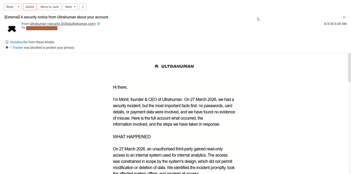 Nathan_425's tweet photo. Hey @troyhunt, @UltrahumanHQ has suffered a data breach. https://t.co/fdDFVfJAQX