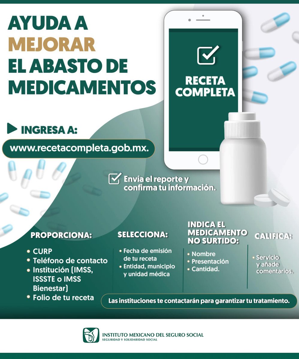 IMSSZac's tweet photo. #Entérate 💊 ¡Ayuda a mejorar el abasto de medicamentos!
🔗 Ingresa a: https://t.co/bzxT2fLNHy. e indica el nombre, presentación y la cantidad del medicamento no surtido. https://t.co/KhVEmayQxg