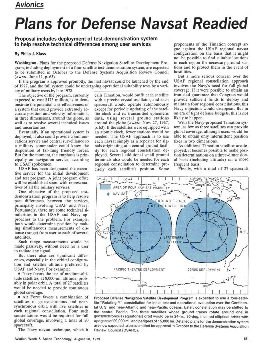RDEIL's tweet photo. There were two major issues in August 1973:
1. Orbital configuration - MEO (my father’s Timation) or GEO and high inclined orbits (AF’s 621B)
2. Whether to put the precise clocks in the satellites (Timation) or have them on the ground (621B) - repeater satellites.
Both were decided in favor of Timation.
I can go through Brad’s claim that he and 10-12 others invented GPS at the Lonely Halls Meeting over Labor Day 1973. the primary source materials don’t support it.