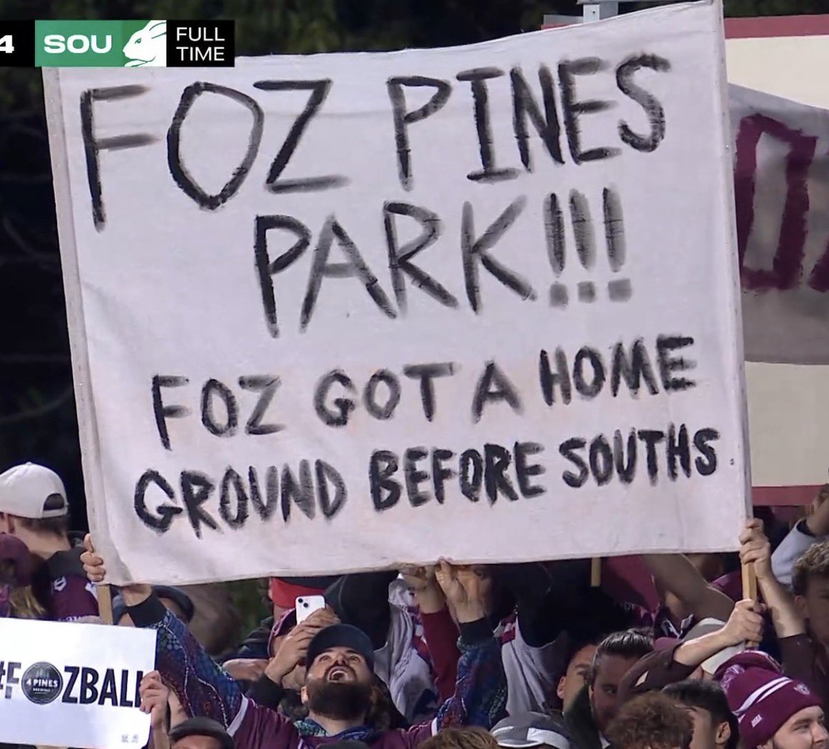 SeaEagleSpur's tweet photo. A lot of controversy last night with the officiating but can we all at least just appreciate this sign? 

#NRLManlySouths https://t.co/3WEh8EesYK