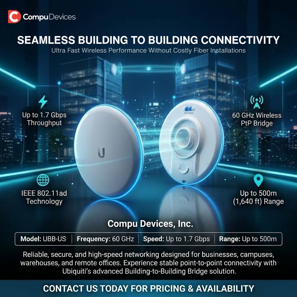 CompuDevices's tweet photo. Cut the fiber. Connect buildings with the Ubiquiti UBB-US. Ultra-fast, reliable, and easy to deploy.

Key Specs:
1.7 Gbps
500m Range
60 GHz
https://t.co/b81P49LWKf

#UBBUS #Ubiquiti #compudevices #Networking #IT https://t.co/Al29M6K9Jo