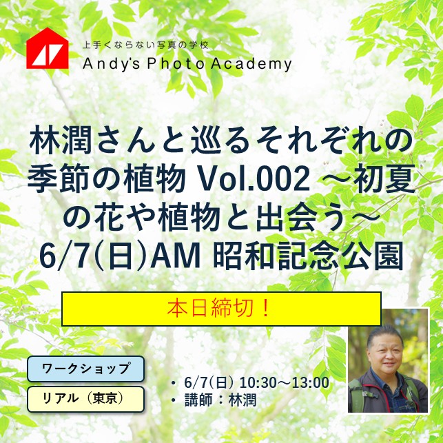AndyPhotoC's tweet photo. 【日曜日は初夏の植物と出会う】

いよいよ今週末6/7(日)開催。お申込は本日6/5(金)23:59まで。一緒に初夏の様々な植物や花に会いに行きましょう。

・・・・・・・・・・

【ワークショップ】
林潤さんと巡るそれぞれの季節の植物 Vol.002 ～初夏の花や植物と出会う～ 6/7(日)AM 昭和記念公園

#上手くならない写真の学校 #AsPA #ワークショップ #林潤 #植物