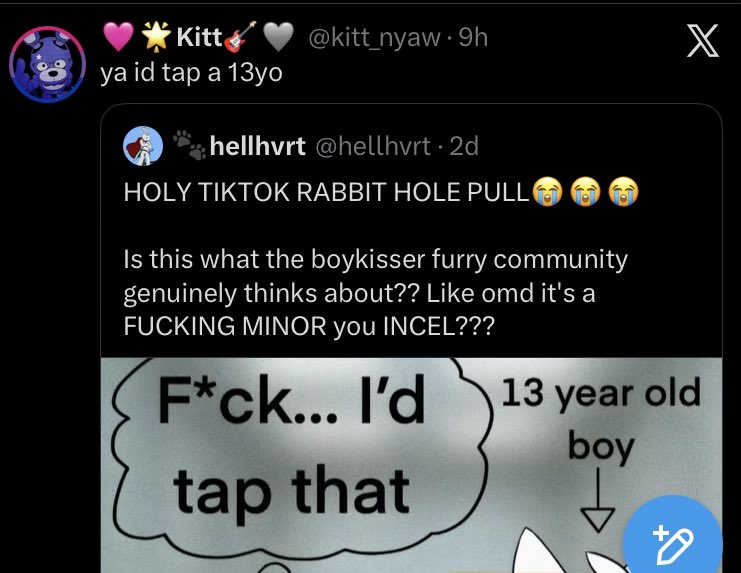 echoedfate's tweet photo. @kitt_nyaw Yeah but you’re also a pedophile https://t.co/bmQgpWuaLw