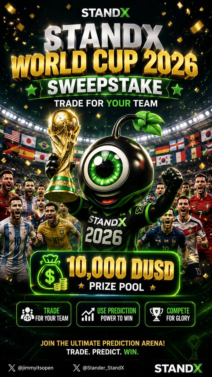 akcornft's tweet photo. StandX World Cup 2026 Sweepstake
Trade for your team
10,000 DUSD prizes

Let's make the World Cup exciting!
Don't miss it!

@jimmyitsopen @Stander_StandX https://t.co/2LlFHQ4ROI