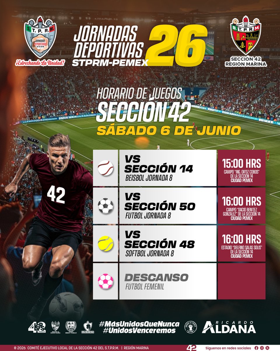 Seccion42_STPRM's tweet photo. ¡Arranca la doble jornada para la Sección 42!

Este sábado 6 de junio, nuestras y nuestros deportistas vuelven al campo para seguir representando con orgullo a la Sección 42 en las Jornadas Deportivas STPRM‑PEMEX 2026. 

Será un día lleno de entrega y pasión en cada disciplina, con nuestros equipos listos para darlo todo en esta primera parte de la doble jornada del fin de semana.

Invitamos a toda la comunidad petrolera a acompañar, alentar y hacer sentir su apoyo desde las gradas. Su presencia impulsa a nuestros jugadores y fortalece el espíritu de unidad que nos distingue.

#SomosSTPRM 
#MásUnidosQueNunca 
#UnidosVenceremos
@lgps03101
@MarcoAzuara1