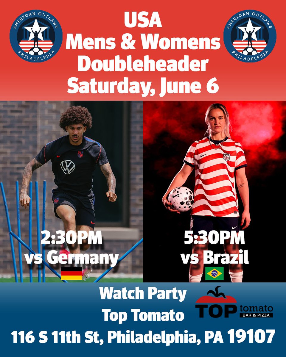 AOPhillyChapter's tweet photo. Saturday Doubleheader - 2:30PM - @USMNT Friendly vs Germany🇩🇪
- 5:30PM - @USWNT Friendly vs Brazil🇧🇷
Watch party at @toptomatobar
116 S 11th St, Philly 19107

$5 Yards Drafts, $20 Yards Pitchers $28 Yards Pitcher &amp; Small Cheese Pizza, $30 Yards Pitcher &amp; 10 Wings https://t.co/uVrBgmmzXh