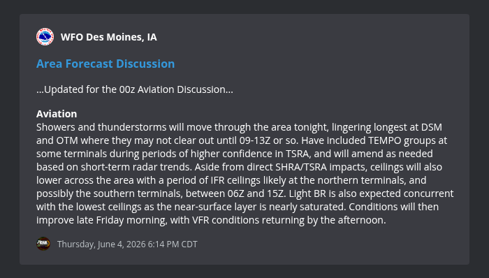 IowaWXNetwork's tweet photo. Area Forecast Discussion from WFO Des Moines, IA @ 6/4/2026 6:14 PM https://t.co/RJT0naGEsn #iawx https://t.co/zWp9bzXBfw