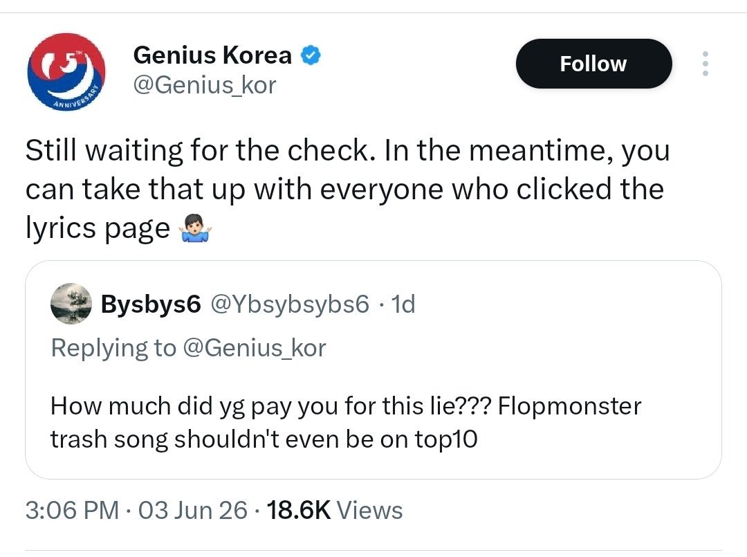 imigcam's tweet photo. Plataformas que defenderam o BABYMONSTER e fizeram uns fandons se morderem:

Youtube: desmentiu as supostas views pagas
Grok: desmentiu o suposto fracasso delas
Genius: desmentiu o suposto pagamento pelo #1
Spotify: nunca foram afetadas pela remoção de streams (1 ano e 6 meses) https://t.co/952bqQkdHx