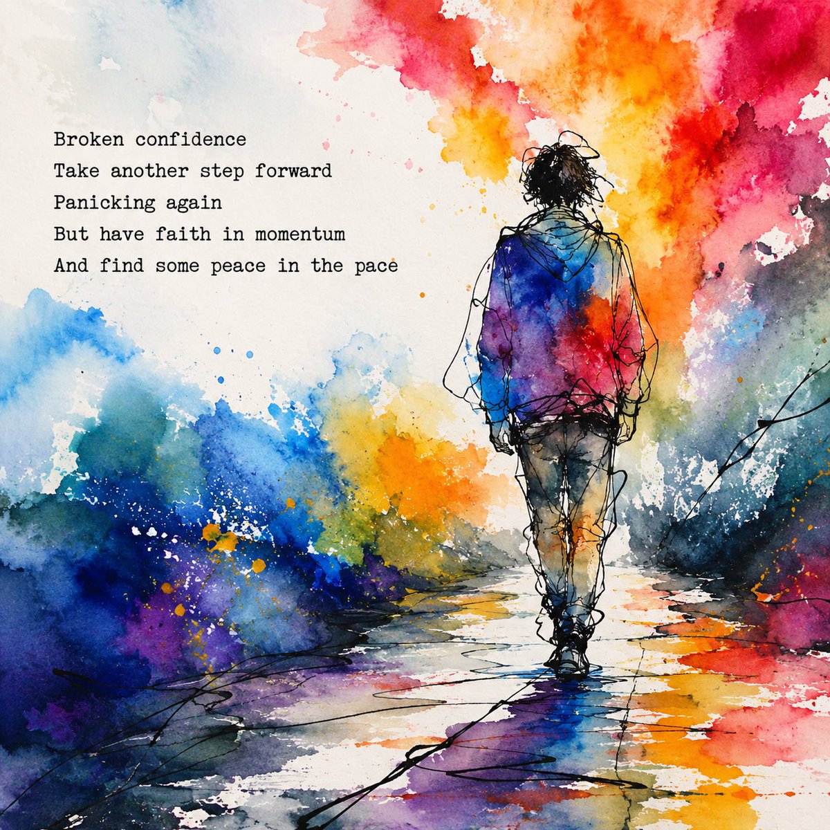 Apotheosystem's tweet photo. Broken confidence
Take another step forward
Panicking again
But have faith in momentum
And find some peace in the pace

Words: Mine
Image: AI, based on my words.

#WritingCommunity #poetry #tanka #mentalhealth #depression #anxiety https://t.co/kNDeEHJ5z0