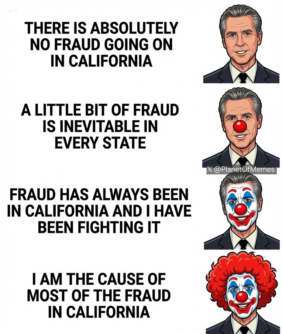 PlanetOfMemes's tweet photo. Gavin Newsom is the leader of Fraudifornia. https://t.co/bVNYlxW6Nk