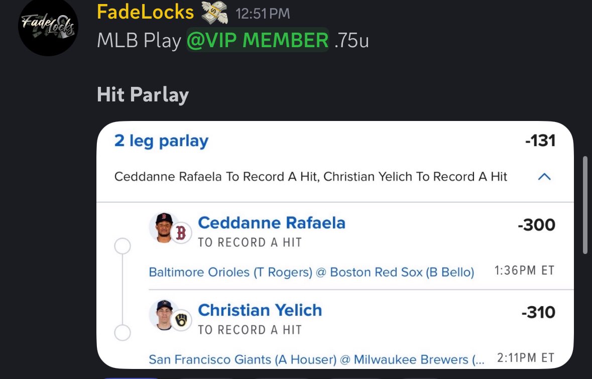 FadeLocks's tweet photo. 2/2 on our main plays to start the day in VIP ✅
Crow cashed in the first inning… 🔥

Stop missing out, more to come. Join vip with this link for just $5 - https://t.co/sIKTQbsb9J https://t.co/p3EuetGYWh