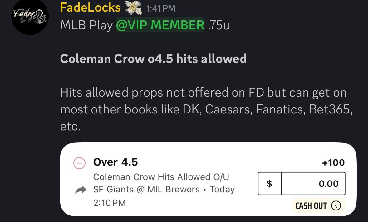 FadeLocks's tweet photo. 2/2 on our main plays to start the day in VIP ✅
Crow cashed in the first inning… 🔥

Stop missing out, more to come. Join vip with this link for just $5 - https://t.co/sIKTQbsb9J https://t.co/p3EuetGYWh