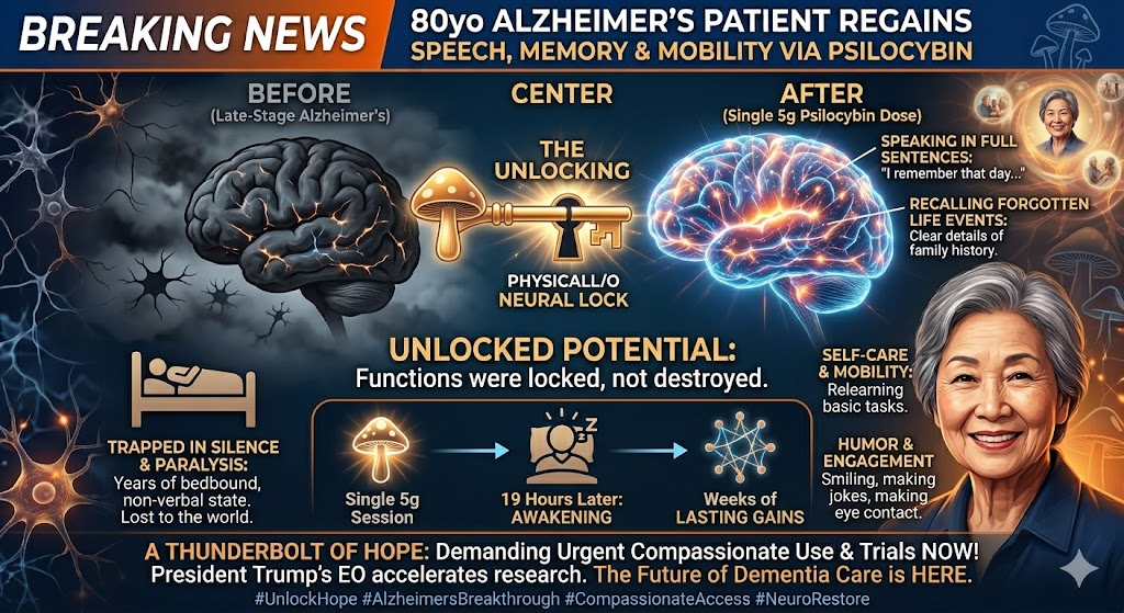 afshineemrani's tweet photo. An 80-year-old Japanese-American woman with advanced Alzheimer’s—bedbound, incontinent, and speaking only in single syllables for years—just shattered our understanding of neurodegeneration.

After a single supervised 5-gram dose of psilocybin mushrooms (Enigma strain), she woke up after 19 hours and did the impossible:
   + Regained full speech (forming complete, coherent sentences)
   + Recovered lost memories (recalling long-forgotten life events)
   + Regained mobility & continence (dressing herself and staying dry)
   + Restored eye contact and humor
A follow-up 3-gram dose one month later boosted her verbal fluency and agility even further. These gains lasted for weeks.

🧠 This Is Not A Cure. It’s Something More Profound.
The case report, published in Frontiers in Neuroscience (May 27, 2026), proves that functions we assumed were irreversibly destroyed by dementia are actually still there—they are simply trapped behind broken neural gates. Psilocybin bypassed the damage.  How? Through explosive, rapid neuroplasticity:
   +   The 5-HT2A Switch: Psilocybin floods 5-HT2A serotonin receptors, triggering a massive spike in BDNF (Brain-Derived Neurotrophic Factor).
   +   Neural Rewiring: BDNF acts like fertilizer for the brain, driving dendritic spine growth, synaptogenesis, and the repair of broken networks.
   +   Circuit Restoration: It downregulates chronic neuroinflammation and re-establishes critical communication between the hippocampus and prefrontal cortex.

🛑 The Tragedy of Our Delay:  Johns Hopkins is already studying psilocybin for depression in early-stage cognitive decline. But for late-stage, severe patients? It is an absolute shame that we aren't taking these trials more seriously. Modern medicine has exactly zero treatments that restore lost function in advanced dementia. This single case demands immediate action.
We don't have time to wait for a 10-year bureaucratic pipeline while millions of minds fade into the fog.

⚡ The Directive for Compassionate Use:  President Trump’s executive order accelerating psychedelic research gives us the exact legal framework we need. We must bypass the standard red tape and establish compassionate use protocols immediately for advanced patients.  For millions of families watching their loved ones slip away, this case report is a thunderbolt of hope. The brain still holds secrets, and science moves fast when we get out of its way.

What if a single guided experience could give you back one last conversation with the person you love?

🔄 Share this if you want real hope for dementia. Access and research must accelerate NOW.

#Psilocybin #Alzheimers #Neuroplasticity #BDNF #MedicalBreakthrough #CompassionateUse #Dementia
