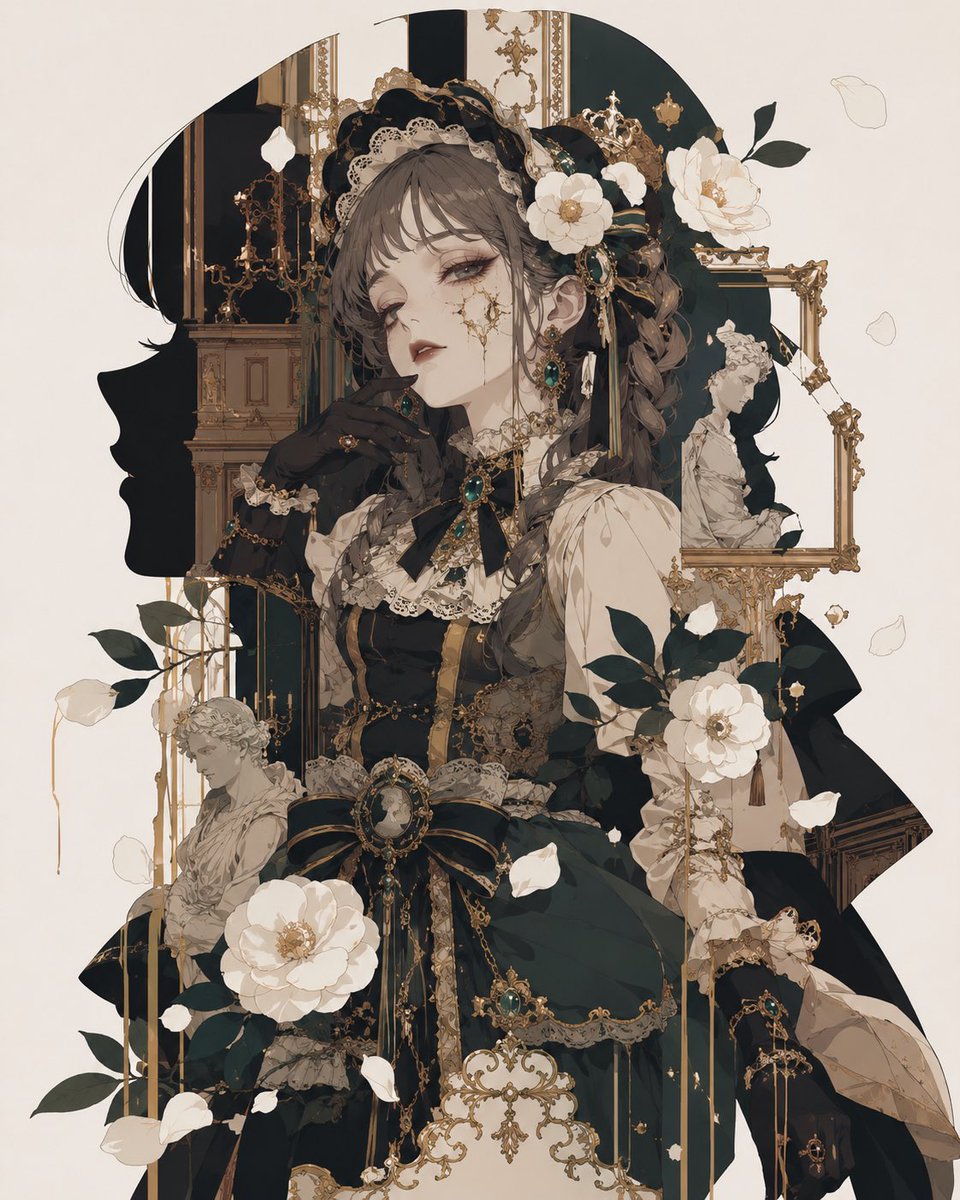 NoirLaceAtelier's tweet photo. 「完璧な肖像より、少し壊れた輪郭が忘れられない。

白い花も、金のひびも、
彼女の沈黙を飾るために残っていた。」

#AIart #クラロリ https://t.co/VWREkeXwR2