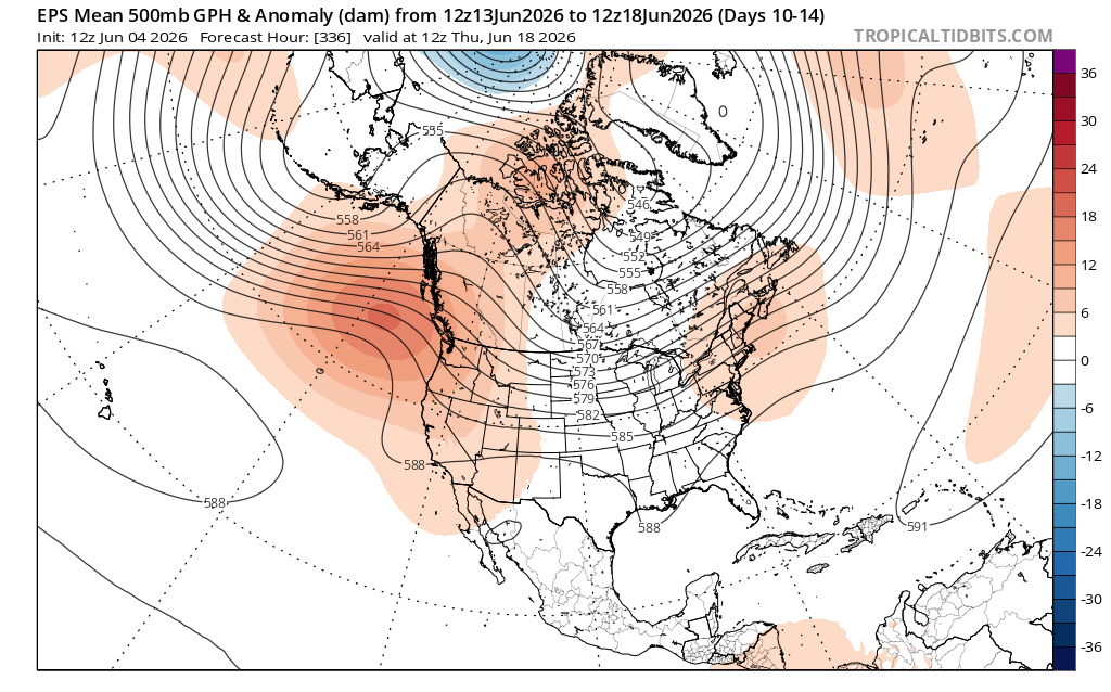 Weather_West's tweet photo. Then, by the end of next week and into mid-June, a large and broad ridge of high pressure will build over the NE Pacific, bringing a rather dramatic warming trend. Heatwave conditions are likely across the PacNW, and possibly extending southward into CA. https://t.co/Ed5w8CkbAn