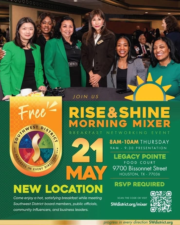 ThierryTchenko's tweet photo. Thank you to the @SouthwestMD for hosting its Rise and Shine Morning Mixer that brought together leaders, investors, and community partners that are helping to shape the future of Southwest Houston. https://t.co/V7nqhBQNwb