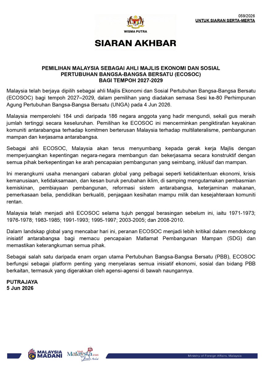 MalaysiaMFA's tweet photo. #PressRelease | 
#SiaranAkhbar 

[059/2026] 

MALAYSIA ELECTED TO THE UNITED NATIONS ECONOMIC AND SOCIAL COUNCIL (ECOSOC) FOR THE TERM 2027-2029

••••••••••••••••••••••••••••••

PEMILIHAN MALAYSIA SEBAGAI AHLI MAJLIS EKONOMI DAN SOSIAL PERTUBUHAN BANGSA-BANGSA BERSATU (ECOSOC) BAGI TEMPOH 2027-2029

#WismaPutra