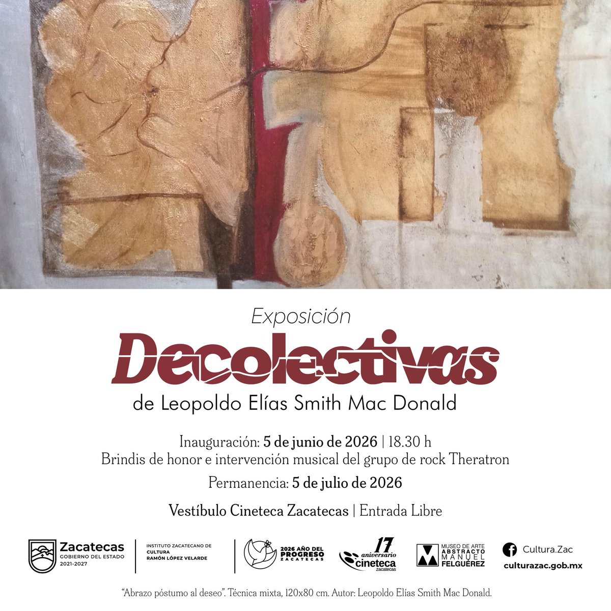CinetecaZac's tweet photo. ¡Te esperamos mañana en nuestra próxima exposición!

Viernes 5
18:30 hrs.
Inauguración de exposición ´DECOLECTIVAS´, de Leopoldo Elías Smith Mac Donald 
Brindis de honor
Intervención musical del grupo de rock Theratron
Lugar: Vestíbulo de la Cineteca Zacatecas
Entrada libre https://t.co/l6D68lDJW7