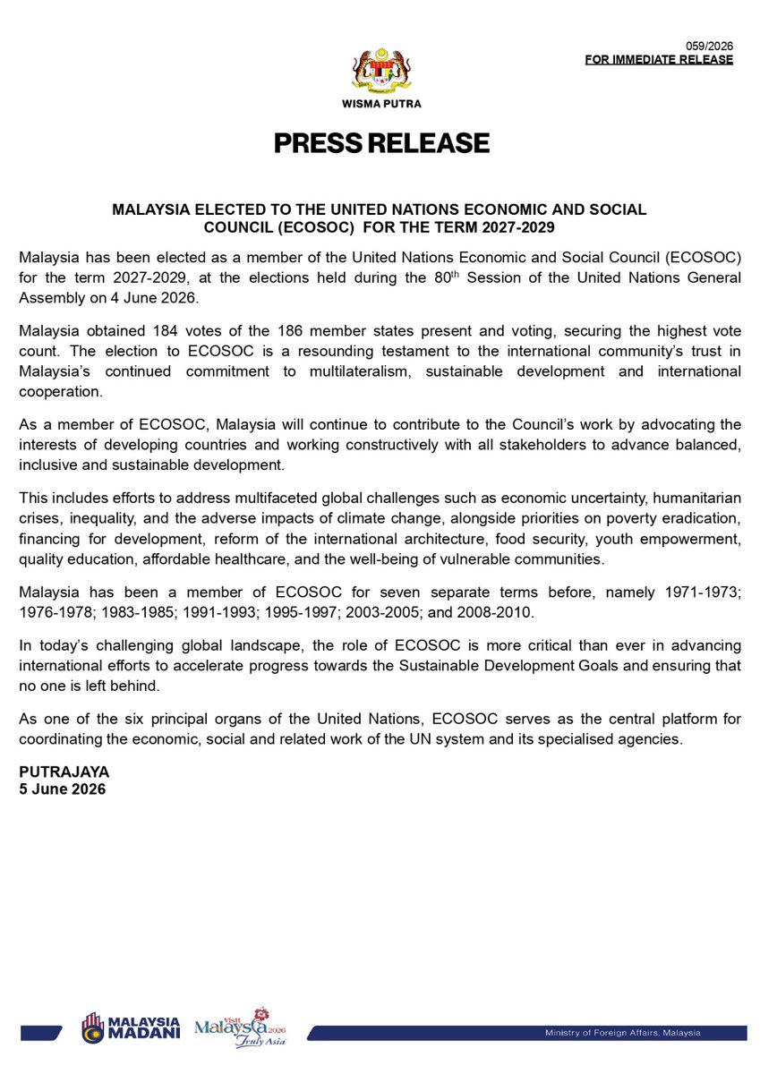 MalaysiaMFA's tweet photo. #PressRelease | 
#SiaranAkhbar 

[059/2026] 

MALAYSIA ELECTED TO THE UNITED NATIONS ECONOMIC AND SOCIAL COUNCIL (ECOSOC) FOR THE TERM 2027-2029

••••••••••••••••••••••••••••••

PEMILIHAN MALAYSIA SEBAGAI AHLI MAJLIS EKONOMI DAN SOSIAL PERTUBUHAN BANGSA-BANGSA BERSATU (ECOSOC) BAGI TEMPOH 2027-2029

#WismaPutra