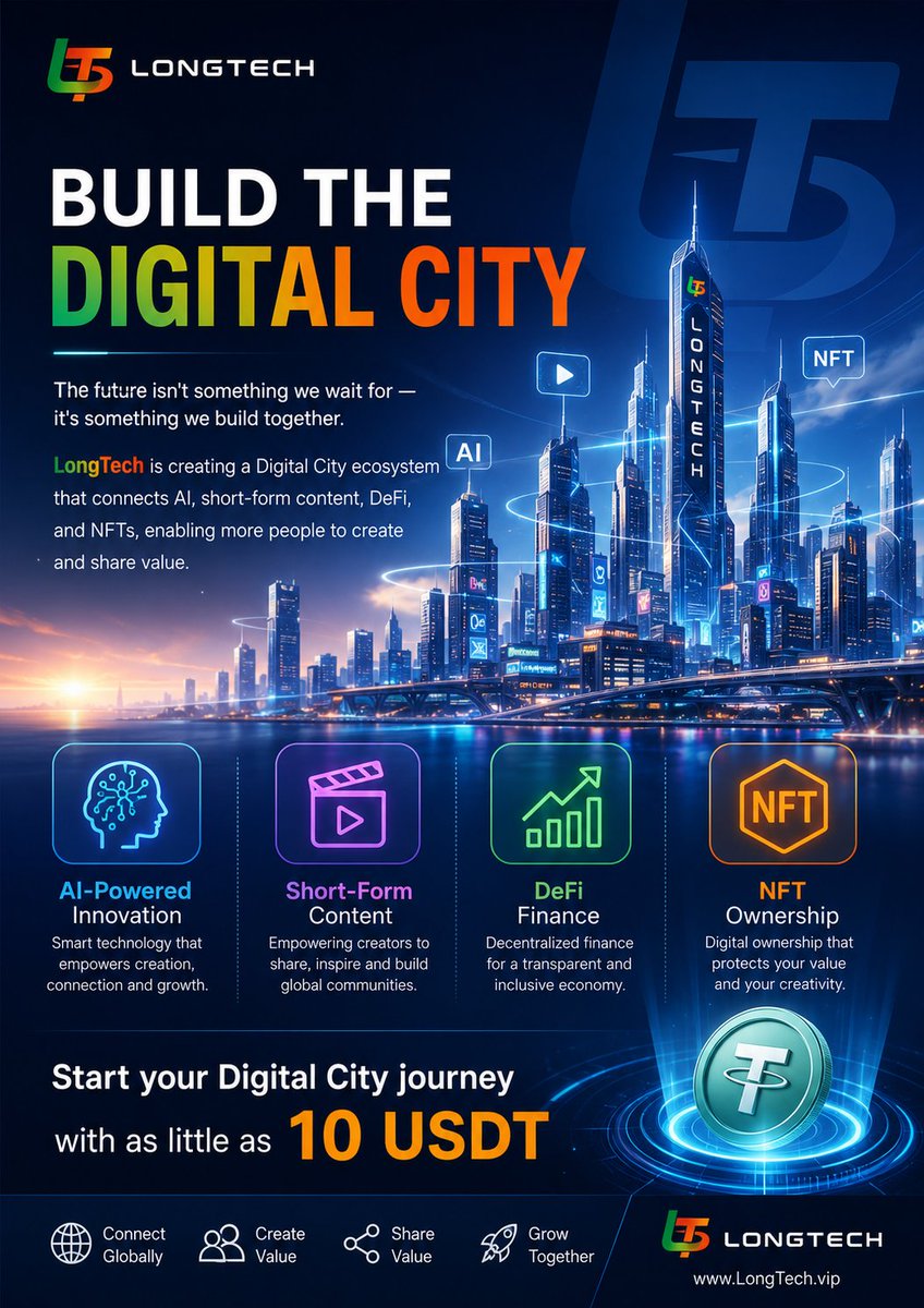LongTech8's tweet photo. 🚀 The future isn't something we wait for — it's something we build together.
LongTech is creating a Digital City ecosystem that connects AI, short-form content, DeFi, and NFTs, enabling more people to create and share value.
Start your Digital City journey with as little as 10 USDT.
#LongTech #NFT #Web3‌‌