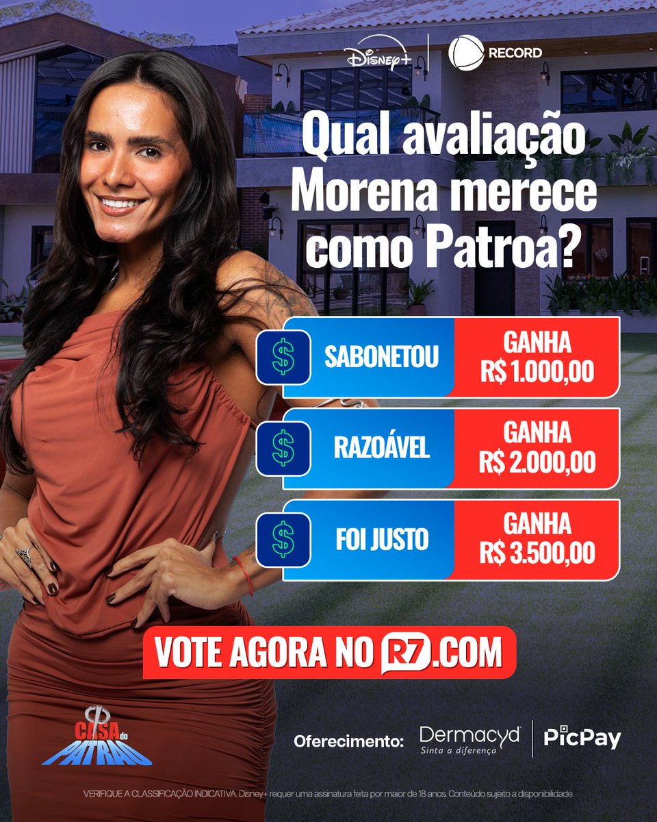 casadopatrao's tweet photo. Chegou a hora de você avaliar o mandato de Morena como Patroa! 👀 Escolha entre "sabonetou", "razoável" ou "justo" e ajude a definir quanto ela vai receber 💸 O link para votar está na bio

Só no #DisneyPlus você acompanha 8 câmeras exclusivas, 24h por dia, 7 dias por semana. 🎥🏠#CasaDoPatrão