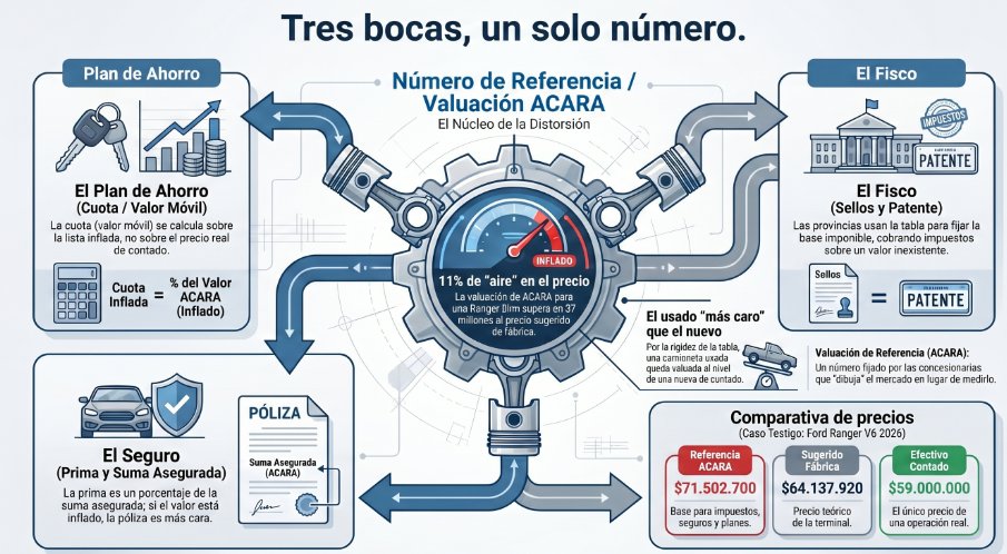 spinelliandy's tweet photo. 🦊¿Por qué se sostiene un número que el mercado no convalida? Porque hay tres bocas que comen de él. El plan de ahorro te arma la cuota sobre el valor de lista, no sobre el de contado, así que terminás financiando sobre el número inflado. El fisco te cobra el sello de la transferencia y la patente anual sobre esa misma tabla. Y el seguro calcula la prima sobre una suma asegurada apoyada en esas guías. Los tres necesitan el número alto y ninguno tiene el menor incentivo en que baje. No es una conspiración, es algo peor: una arquitectura que extrae sola, sin que nadie se siente a tramar nada. La apertura a las marcas chinas con el dólar planchado no inventó esto, solo lo dejó a la vista, porque por primera vez en años la tabla quedó colgada arriba mientras el mercado caía.